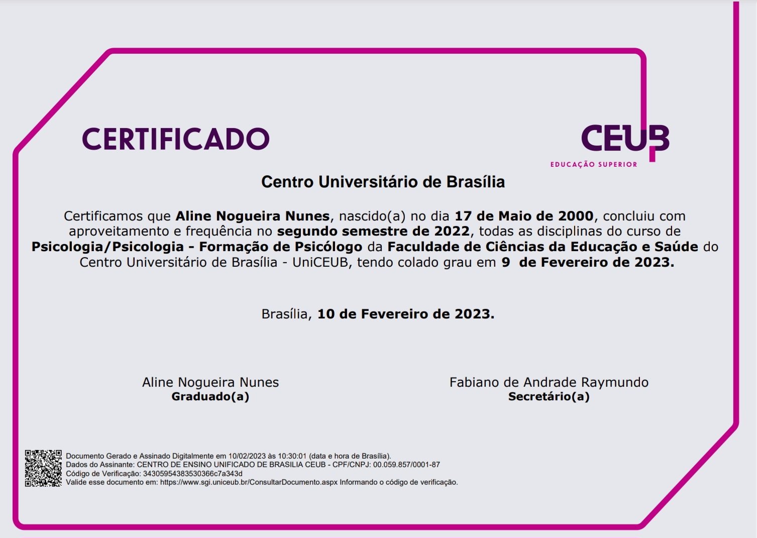 Certificado Aline — CEUB
